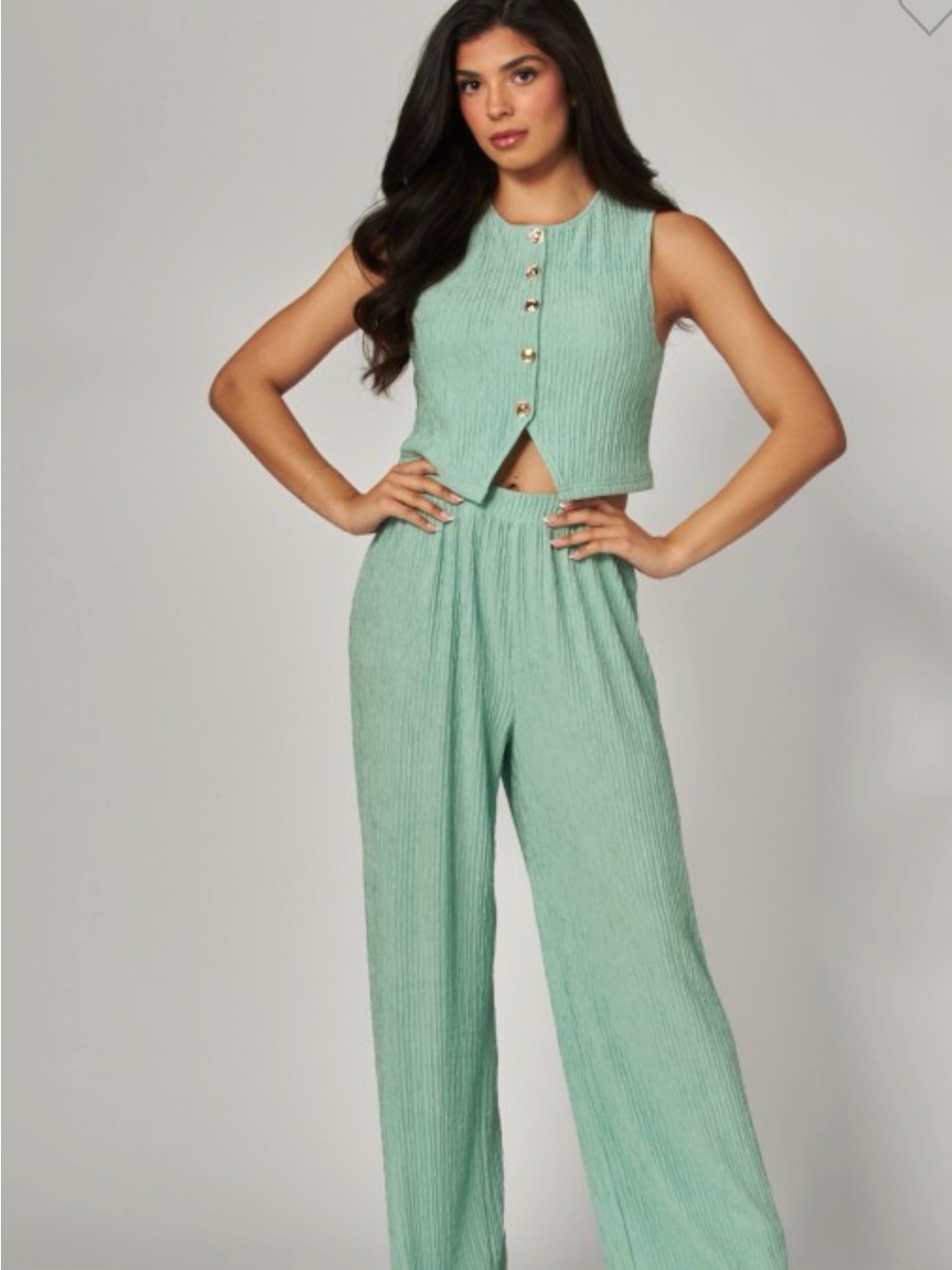 Soft Jade Textured Crop Top & Wide-Leg Pants Set